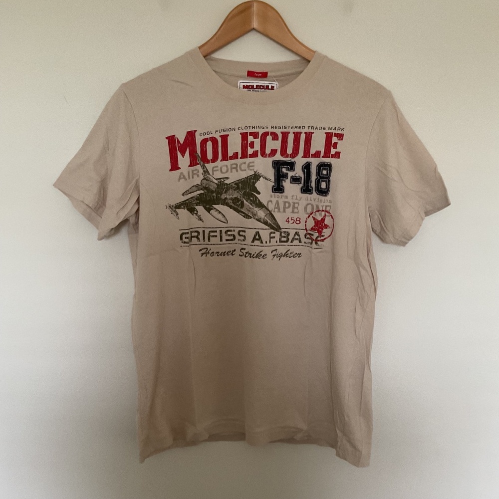Molecule Cool Fusion Clothings Air Force F-18 Hornet Beige T Shirt Sz L Y2K NWT